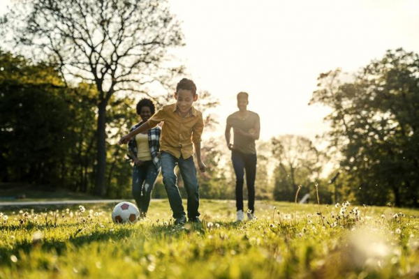 Father, daughter, and son playing soccer on the grass in a park; 