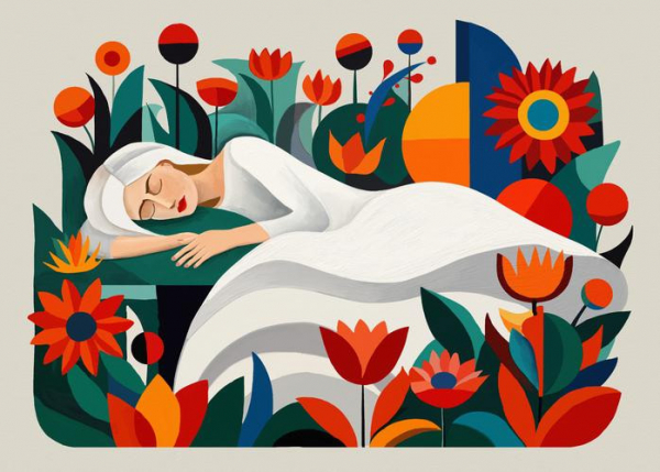 Illustration of woman with white hair and dress lying among color flowers; concept is sleepmaxxing
